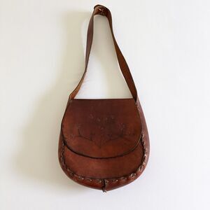 Vintage Leather Purse Hand Tooled Boho Saddle Bag Floral Folk Brown Artisan